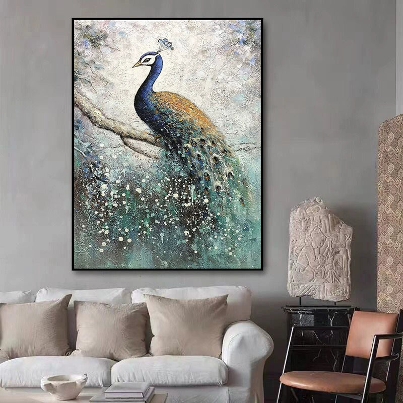 Pure hand-painted peacock oil painting modern light luxury entrance